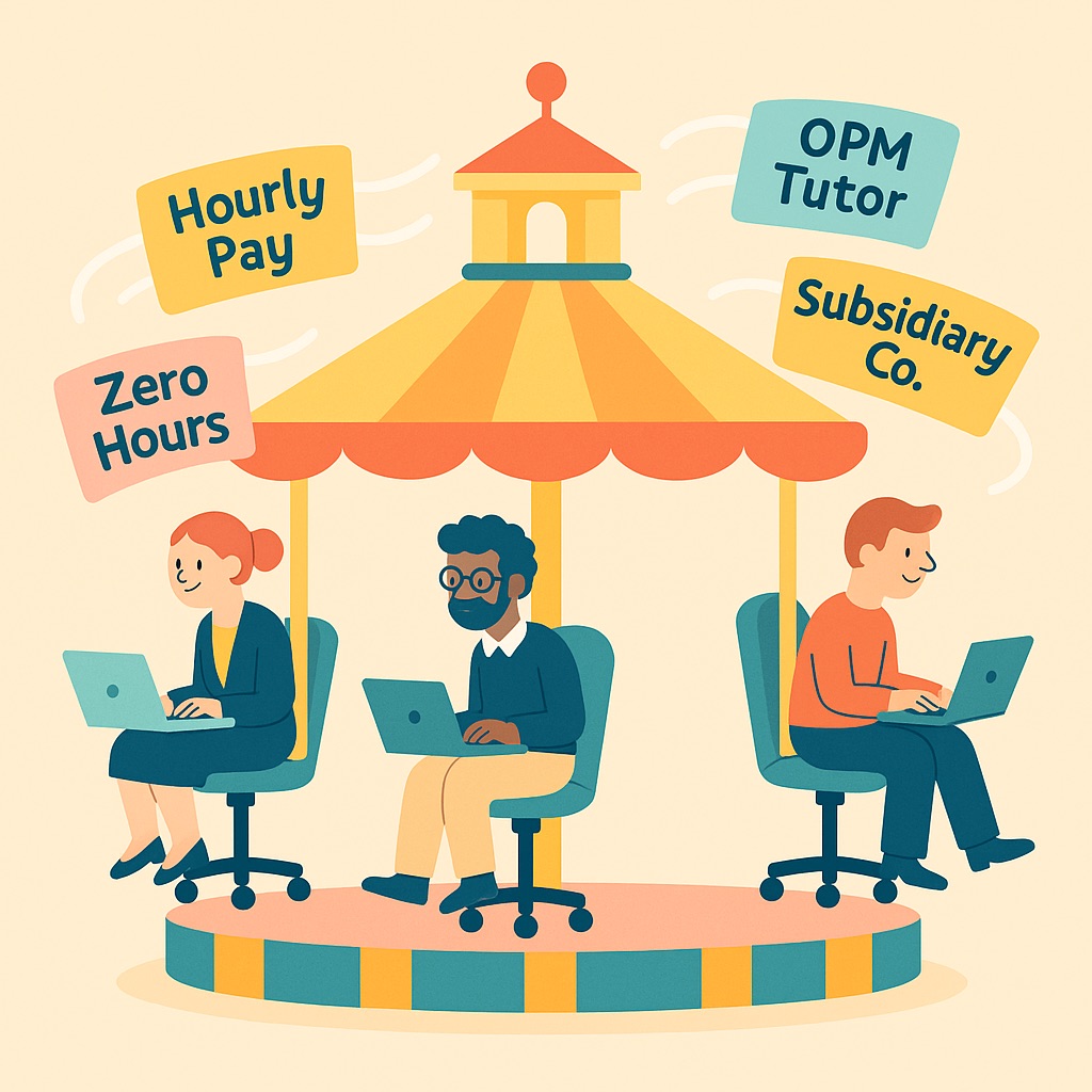 Academic gig economy carousel A playful, pastel-coloured carousel of laptop-toting lecturers on office chairs, complete with swirling “Hourly Pay”, “Zero Hours”, “OPM Tutor” and “Subsidiary Co.” signs—perfect for illustrating the gig-economy merry-go-round in higher ed.
