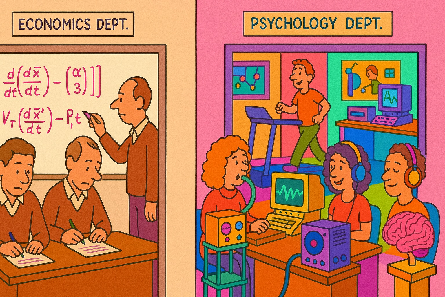 Economics vs Psychology departments comparison Two university department rooms side-by-side: on the left, the Economics Department resembles a beige sweater convention where serious-faced men scribble matrix calculus in festive red and green markers; on the right, the 1970s Psychology Department bursts with colour and chaos — someone’s jogging on a treadmill, a curly-haired researcher pokes at a wobbly oscilloscope, two others wearing oversized headphones grin at a glowing brain, and every wall screams, “We have feelings and technology!”